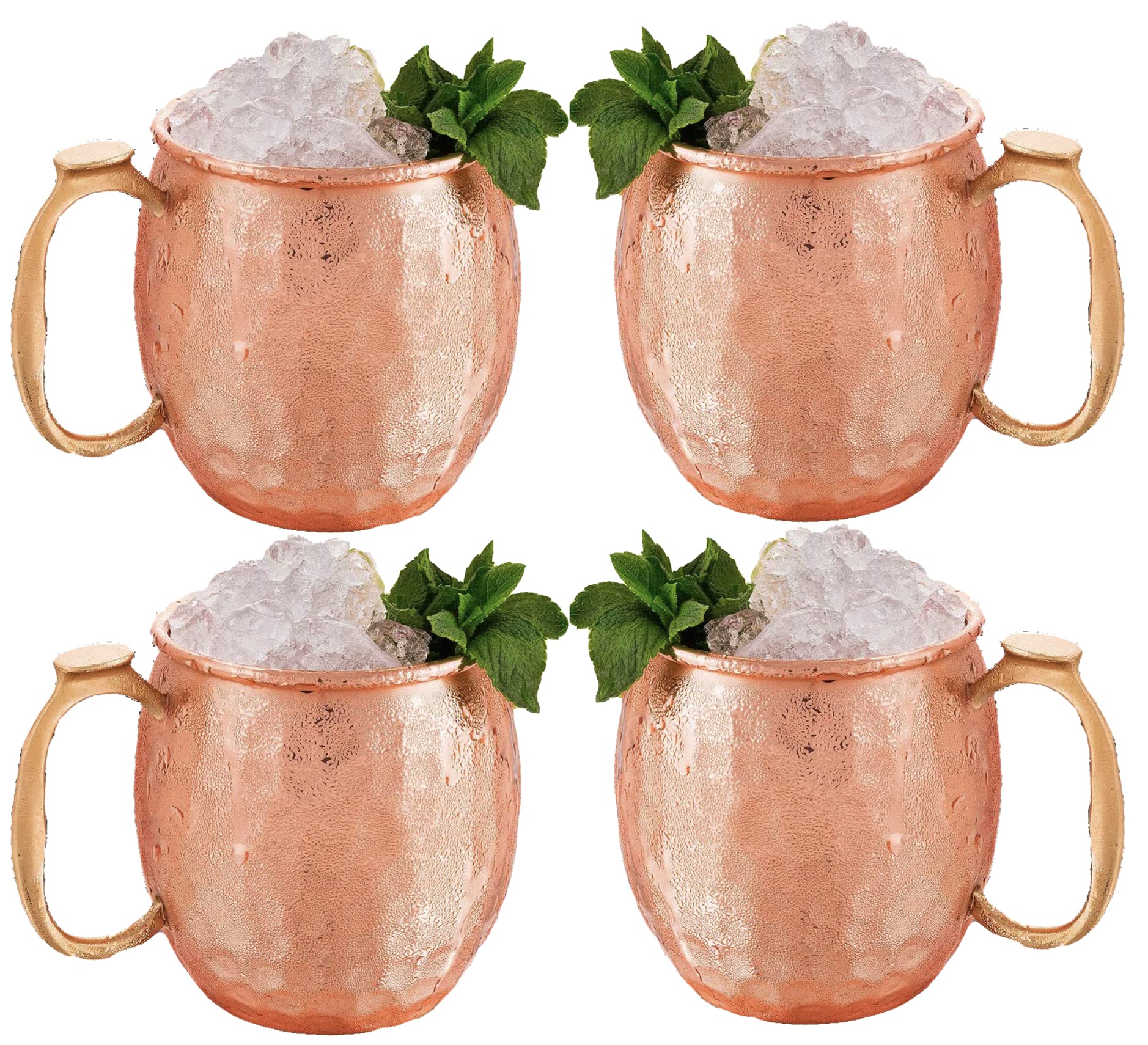 Moscow Mule Mugs | Thumb Rest Gold Brass Handles | Large Size 19 ounces | Set of 4 Hammered Cups | Stainless Steel Lining | Pure Copper Plating | Gift Set