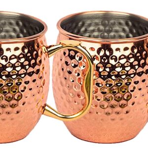 Moscow Mule Mugs | Thumb Rest Gold Brass Handles | Large Size 19 ounces | Set of 4 Hammered Cups | Stainless Steel Lining | Pure Copper Plating | Gift Set