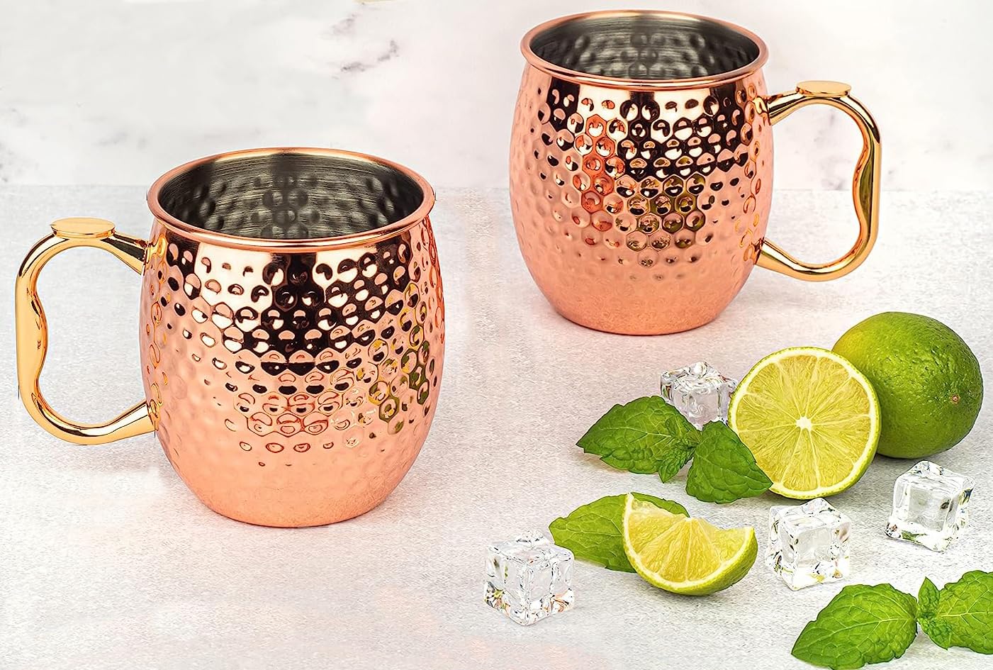 Moscow Mule Mugs | Thumb Rest Gold Brass Handles | Large Size 19 ounces | Set of 4 Hammered Cups | Stainless Steel Lining | Pure Copper Plating | Gift Set