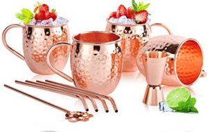 dotgroup moscow mule mugs, copper mule mugs set of 4, creative hammer point copper cups with copper-plated inner for beer and cocktail, 4 cocktail copper straws, 1 stirring rod, 2oz/4oz double jigger