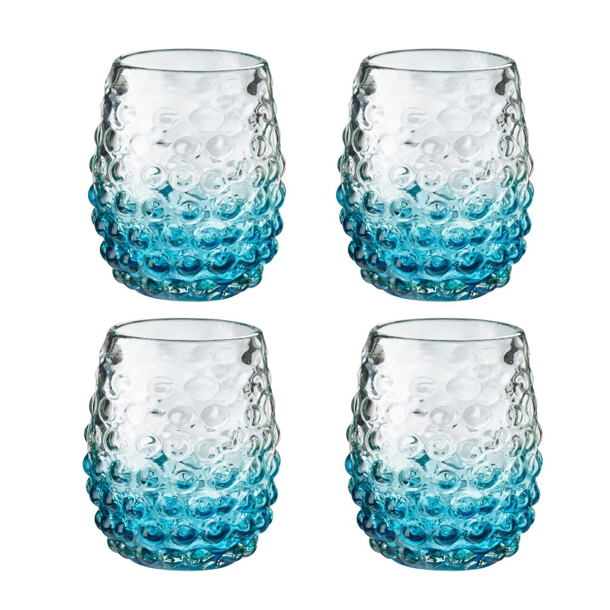 Amici Home-Catalina Double Old-Fashioned (DOF) Glass, Aqua, Artisan Handmade Mexican Recycled Glass, 3.5” D x 4.25” H, 12- Ounce, Made in Mexico-Set of 4