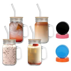 mason jars with handle, mason jars glass cups with bamboo lid , colorful airtight lids & straws, 16 oz reusable boba bottle, iced coffee cup, travel tumbler for bubble tea, smoothie, juice - 4 pack