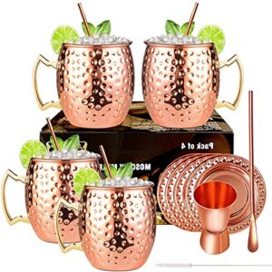 livehitop moscow mule mugs gift set of 4, 19.5oz copper cups with copper coasters, bar spoon, jigger, straws, brush for cold drinking, party, home bar
