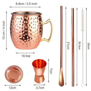 LIVEHITOP Moscow Mule Mugs Gift Set of 4, 19.5Oz Copper Cups with Copper Coasters, Bar Spoon, Jigger, Straws, Brush for Cold Drinking, Party, Home Bar