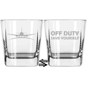 mip brand 12 oz square base rocks whiskey double old fashioned glass two sided airplane pilot flight attendant off duty save yourself