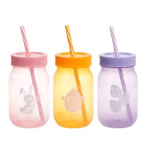 lle happy easter plastic pint jar tumbler with lids & straw, 16oz pastel reusable cups for kids adults drinking cup water juice bottle spring summer home indoor outdoor use and gifts set of 3