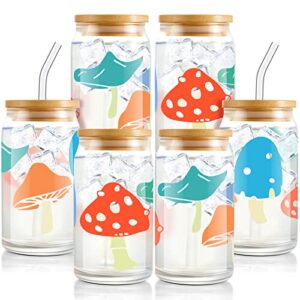 vesici 6 pack color changing glasses with bamboo lid and glass straw drinking glasses mushroom can shaped glass cups 16 oz beer glasses tumbler cup reusable glass drinking straws for juice milk water