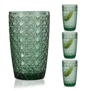 gyrut unique green drinking glasses[set of 4], 14oz glass cups for water, juice, and ice tea, vintage chic glassware, lead-free crystal highball tumbler, dishwasher safety