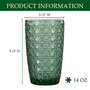 GYRUT Unique Green Drinking Glasses[Set of 4], 14oz Glass Cups for Water, Juice, and Ice Tea, Vintage Chic Glassware, Lead-free Crystal Highball Tumbler, Dishwasher Safety