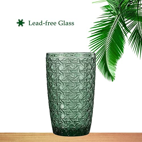 GYRUT Unique Green Drinking Glasses[Set of 4], 14oz Glass Cups for Water, Juice, and Ice Tea, Vintage Chic Glassware, Lead-free Crystal Highball Tumbler, Dishwasher Safety