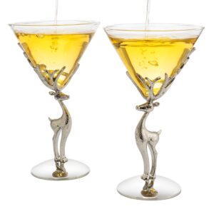 the wine savant stag antler cocktail martini glasses, set of 2, 8oz elegant glasses set for any home bar - luxury glass deer figurine, stag lover gifts, nature lover gifts (martini/champagne)