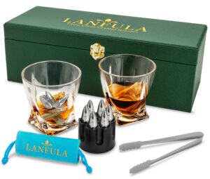 whiskey stones gift set for men, bourbon glasses set of 2 with 6 whiskey bullets in luxury box. unique gifts for dad boyfriend brother husband for birthday anniversary