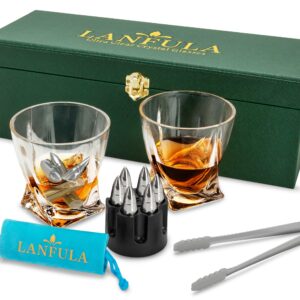 Whiskey Stones Gift set for Men, Bourbon Glasses Set of 2 With 6 Whiskey Bullets in Luxury Box. Unique Gifts for Dad Boyfriend Brother Husband for Birthday Anniversary