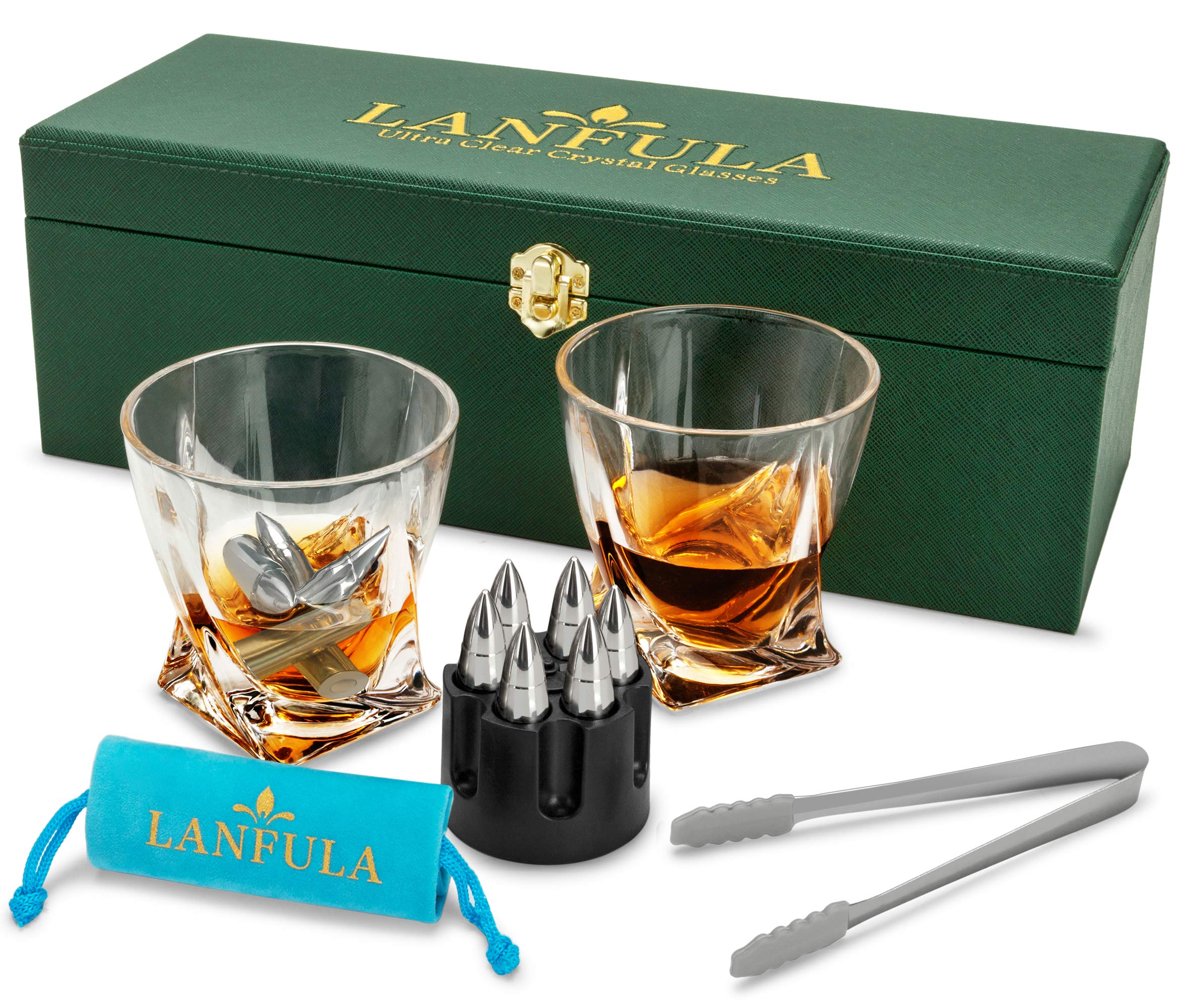 Whiskey Stones Gift set for Men, Bourbon Glasses Set of 2 With 6 Whiskey Bullets in Luxury Box. Unique Gifts for Dad Boyfriend Brother Husband for Birthday Anniversary