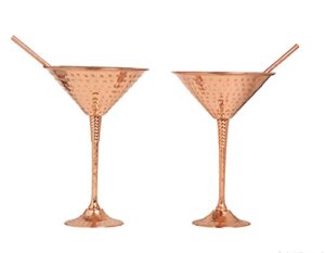 bold & divin handmade hammered pure copper martini globlets | with exquisite reinforcement ring & pure copper straws | set of 2 | 9.5 oz | glasses for wedding, valentines gift