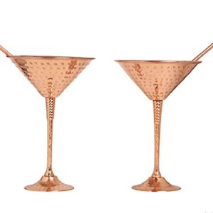 BOLD & DIVIN Handmade Hammered Pure Copper Martini Globlets | With Exquisite Reinforcement Ring & Pure Copper Straws | Set of 2 | 9.5 Oz | Glasses for Wedding, Valentines Gift