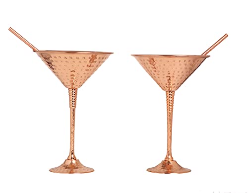 BOLD & DIVIN Handmade Hammered Pure Copper Martini Globlets | With Exquisite Reinforcement Ring & Pure Copper Straws | Set of 2 | 9.5 Oz | Glasses for Wedding, Valentines Gift