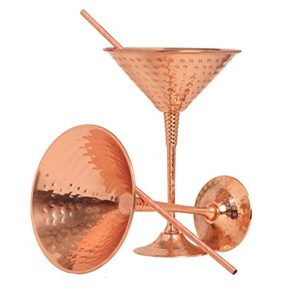 BOLD & DIVIN Handmade Hammered Pure Copper Martini Globlets | With Exquisite Reinforcement Ring & Pure Copper Straws | Set of 2 | 9.5 Oz | Glasses for Wedding, Valentines Gift