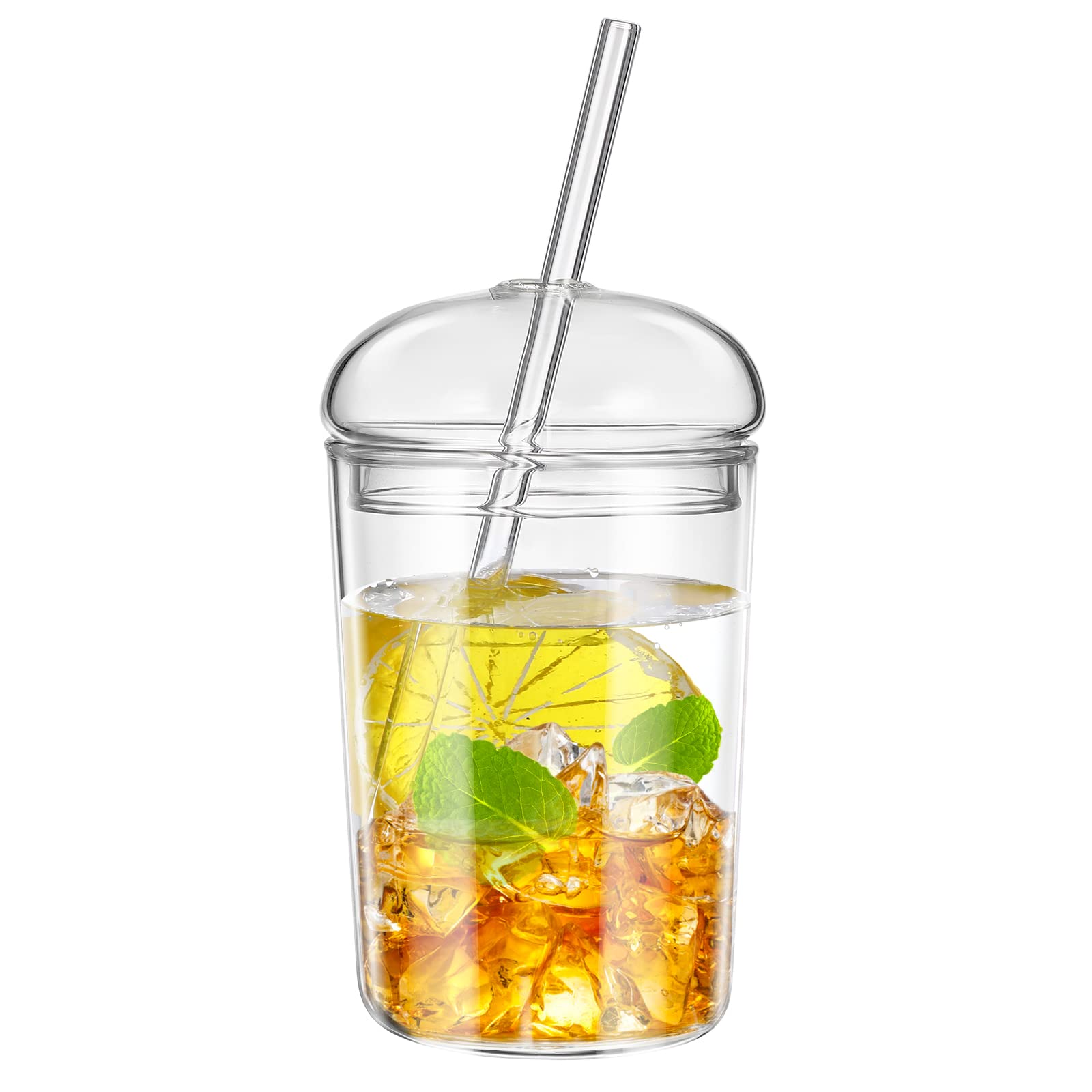 DOITOOL Clear Glass Tumbler with Straw and Lid, 15OZ Clear Iced Coffee Cups with Lids and Straw for Iced Coffee, Cold Drinks, Juices Drinking for Home Outdoor Travel Party