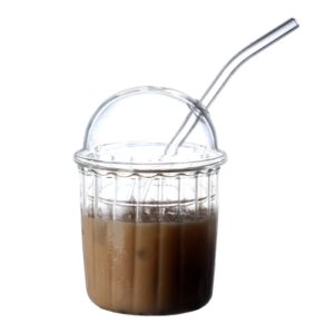 plcnn drinking glasses with glass dome lid and straw reusable wide mouth smoothie cups 15oz glass coffee iced cup tumbler glass bubble tea cup for coke soda home office bar