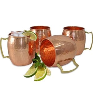 Prisha India Craft Set of 4 Moscow Mule Solid Copper Mug 16 OZ - 100% Pure Copper Hammered Lacquered Finish, Cocktail Cup, Copper Mugs, Cocktail Mugs with No Inner Linings