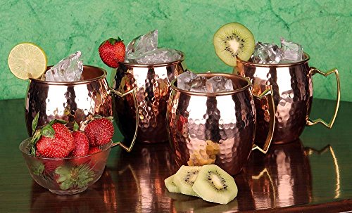 Prisha India Craft Set of 4 Moscow Mule Solid Copper Mug 16 OZ - 100% Pure Copper Hammered Lacquered Finish, Cocktail Cup, Copper Mugs, Cocktail Mugs with No Inner Linings