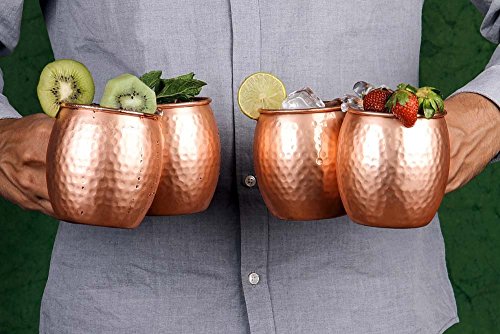 Prisha India Craft Set of 4 Moscow Mule Solid Copper Mug 16 OZ - 100% Pure Copper Hammered Lacquered Finish, Cocktail Cup, Copper Mugs, Cocktail Mugs with No Inner Linings