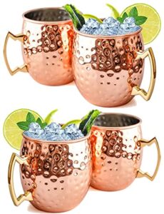 copper cure moscow mule mugs | large size 19 ounces | set of 4 hammered cups | stainless steel lining | pure copper plating | gold brass handles gift pack