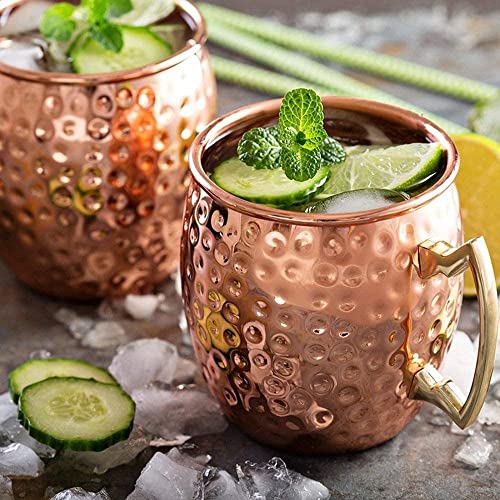 Copper Cure Moscow Mule Mugs | Large Size 19 ounces | Set of 4 Hammered Cups | Stainless Steel Lining | Pure Copper Plating | Gold Brass Handles Gift Pack