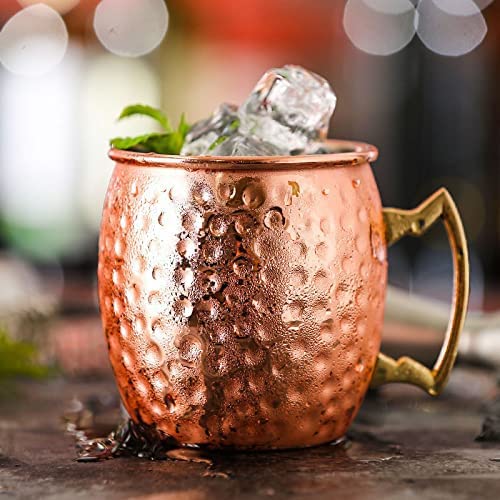 Copper Cure Moscow Mule Mugs | Large Size 19 ounces | Set of 4 Hammered Cups | Stainless Steel Lining | Pure Copper Plating | Gold Brass Handles Gift Pack