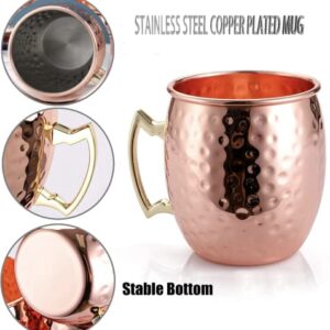 Copper Cure Moscow Mule Mugs | Large Size 19 ounces | Set of 4 Hammered Cups | Stainless Steel Lining | Pure Copper Plating | Gold Brass Handles Gift Pack