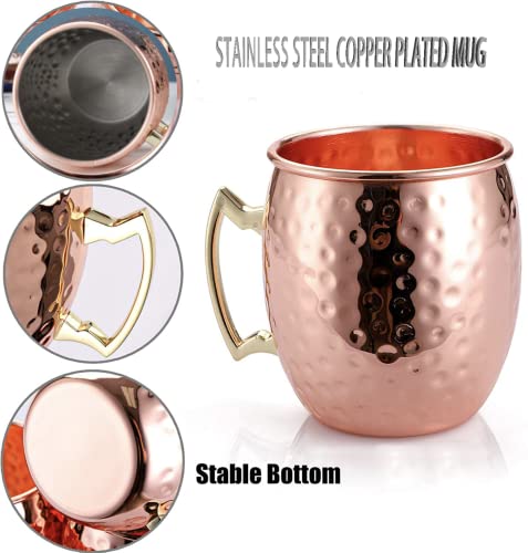 Copper Cure Moscow Mule Mugs | Large Size 19 ounces | Set of 4 Hammered Cups | Stainless Steel Lining | Pure Copper Plating | Gold Brass Handles Gift Pack