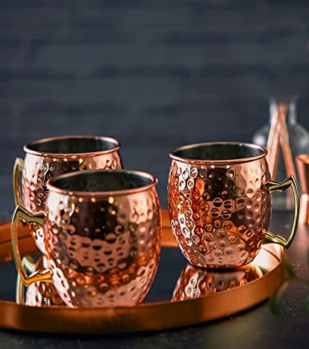 Copper Cure Moscow Mule Mugs | Large Size 19 ounces | Set of 4 Hammered Cups | Stainless Steel Lining | Pure Copper Plating | Gold Brass Handles Gift Pack