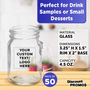 Custom Mason Jar with Handle Set 4.5 oz. Set of 50, Personalized Bulk Pack - Sampler Glasses, Glass Jars for Overnight Oats, Candies, Fruits, Pickles, Spices, Beverages - Clear