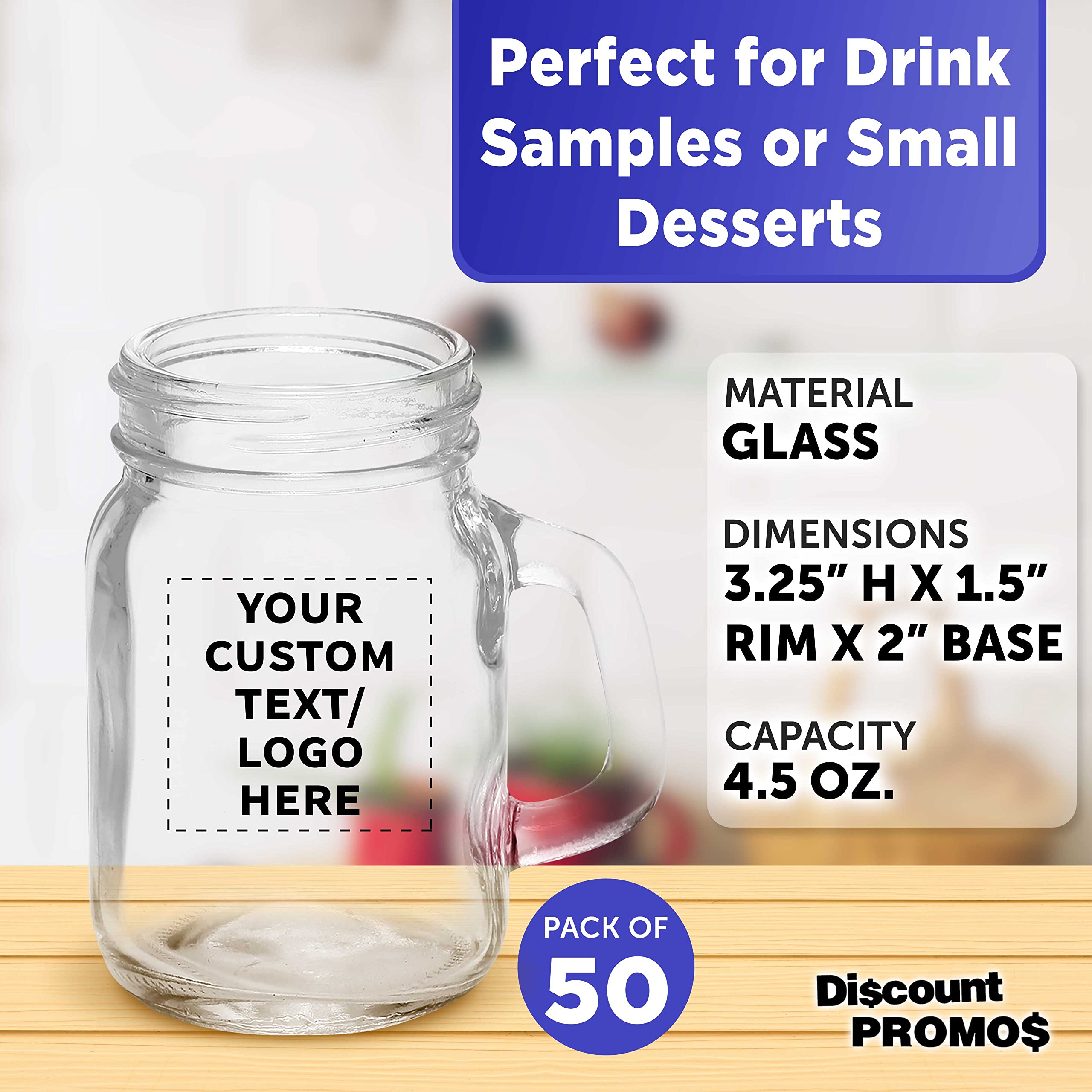 Custom Mason Jar with Handle Set 4.5 oz. Set of 50, Personalized Bulk Pack - Sampler Glasses, Glass Jars for Overnight Oats, Candies, Fruits, Pickles, Spices, Beverages - Clear