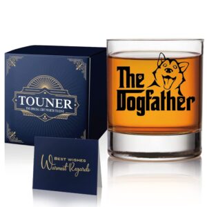 touner husky dog themed whiskey glasses, the dogfather whiskey glass, dog lover gifts for him, dog dad gifts for men, fathers day birthday gifts from dog dad, unique gift for dog lovers