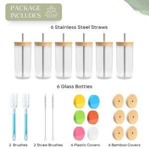 6 Pack Glass Mug Set - Drinking Glasses Tumbler, 24oz Reusable Boba Tea Cups with Bamboo Lids, Travel Tumbler Bottle, Non-slip Glasses for Iced Coffee, Smoothie