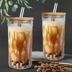 glass drinking jar gift set w/bamboo lids & stainless straws - 7" tall, large 24oz in ball mason jar style. includes cleaning brush. fun, reusable, great for guests