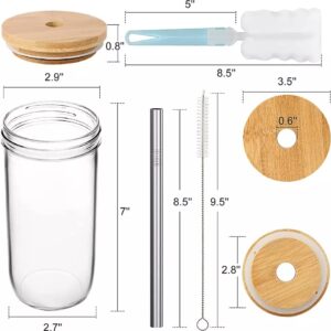 Glass Drinking Jar Gift Set w/Bamboo Lids & Stainless Straws - 7" Tall, Large 24oz in Ball Mason Jar Style. Includes Cleaning Brush. Fun, Reusable, Great for Guests