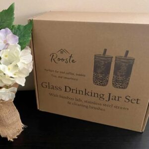 Glass Drinking Jar Gift Set w/Bamboo Lids & Stainless Straws - 7" Tall, Large 24oz in Ball Mason Jar Style. Includes Cleaning Brush. Fun, Reusable, Great for Guests