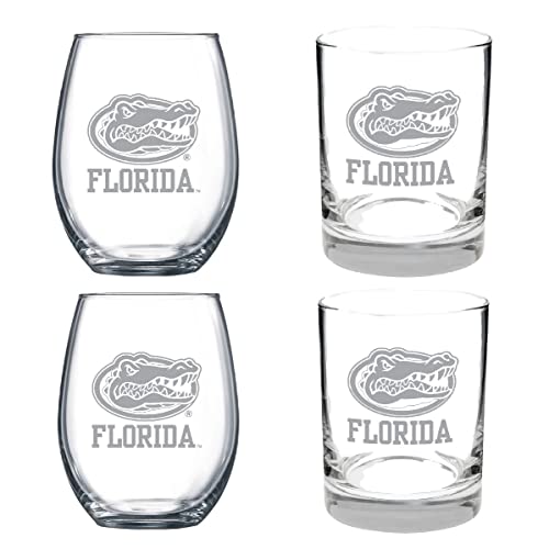 RFSJ Florida Gators 4 Piece Satin Etched Glass combo set includes two wines (juice) and two rocks (beverage) glasses