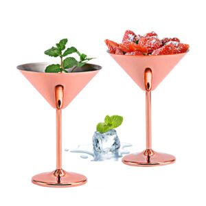 cmengao rose gold martini glasses set of 2, copper plated stainless steel martini margarita cocktail glasses (8oz)