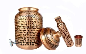 rastogi handicrafts pure copper hammered water storage tank brown pot 4 liter capacity with tumble and copper bottle