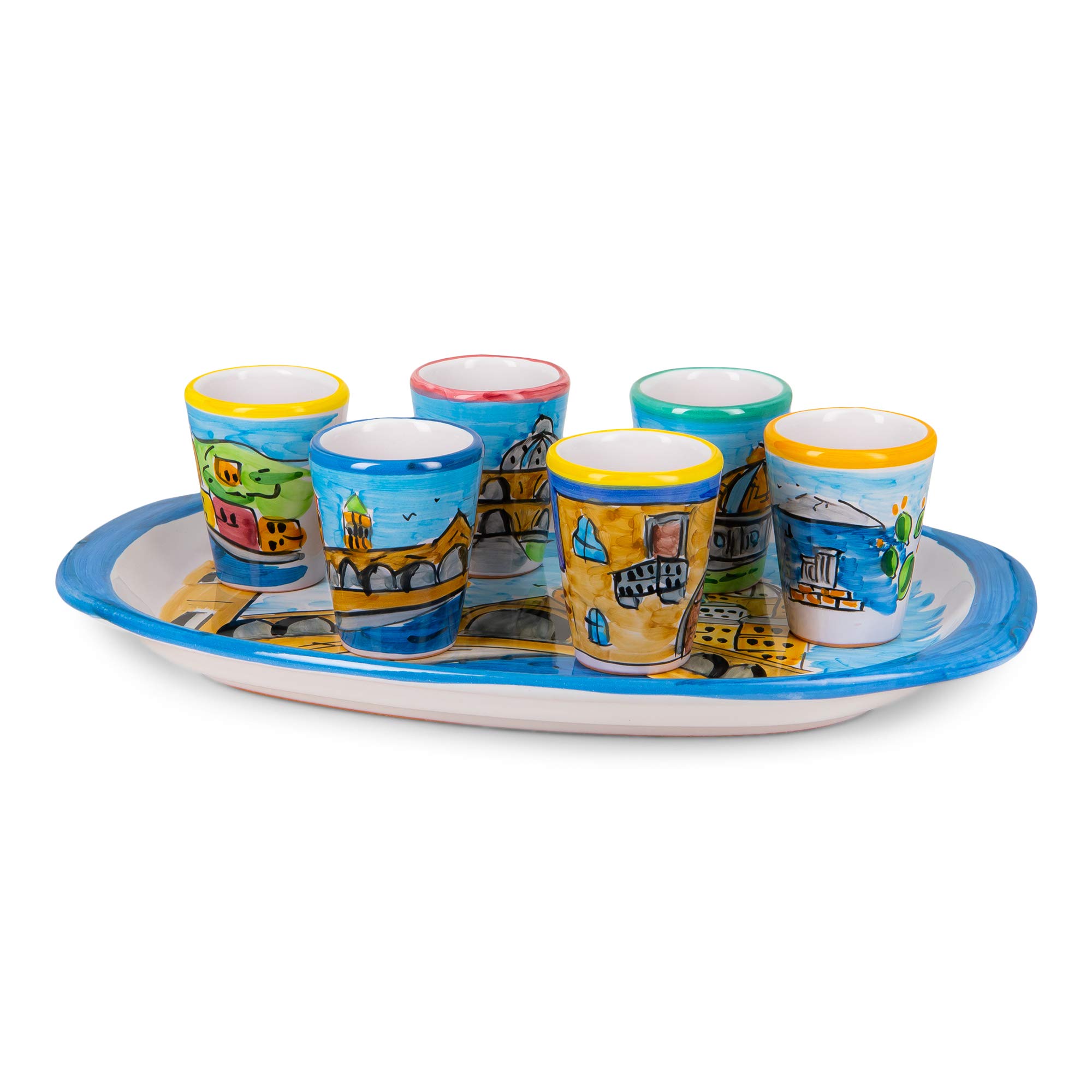 Dolceterra Limoncello Ceramic Glasses and Ceramic Tray 'Memoritaly', Hand-Painted Set of 6 Glasses