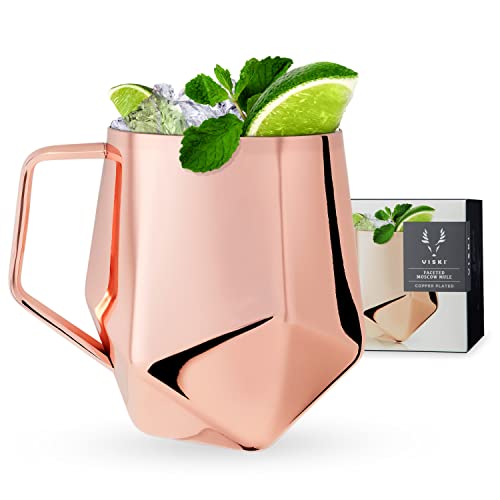 Viski Faceted Moscow Mule Mug, Copper Cocktail Glasses, Stainless Steel, Drinkware, Holds 18 oz