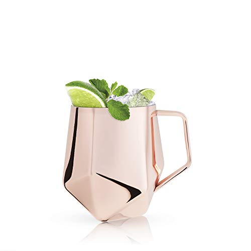 Viski Faceted Moscow Mule Mug, Copper Cocktail Glasses, Stainless Steel, Drinkware, Holds 18 oz