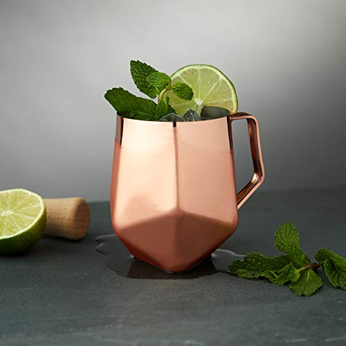 Viski Faceted Moscow Mule Mug, Copper Cocktail Glasses, Stainless Steel, Drinkware, Holds 18 oz