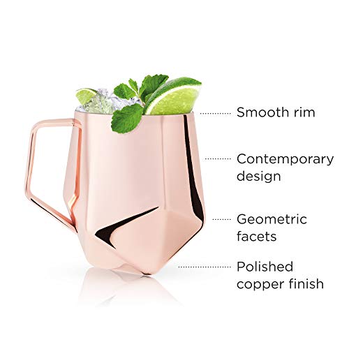 Viski Faceted Moscow Mule Mug, Copper Cocktail Glasses, Stainless Steel, Drinkware, Holds 18 oz