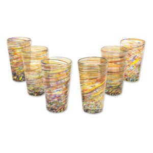 novica artisan handmade glass highball glasses mexican multicolor 13 oz 6 orange mexico tableware drinkware water recycled eco friendly [6in h x 3.3in diam. 13 oz.] 'rainbow centrifuge' (set of 6)