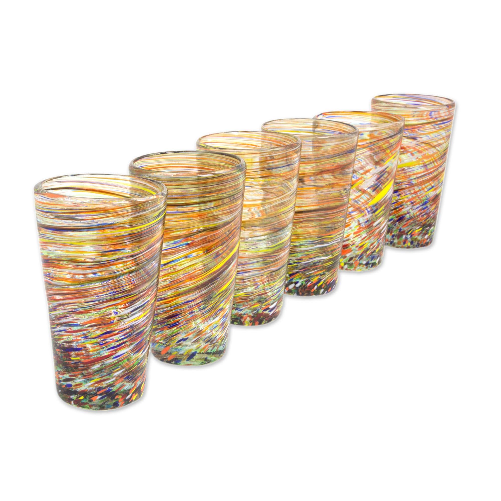 NOVICA Artisan Handmade Glass Highball Glasses Mexican Multicolor 13 Oz 6 Orange Mexico Tableware Drinkware Water Recycled Eco Friendly [6in H x 3.3in Diam. 13 Oz.] 'Rainbow Centrifuge' (Set of 6)